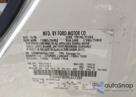 2009 Lincoln Mks из США, поврежденный, VIN 1LNHM93R29G617289